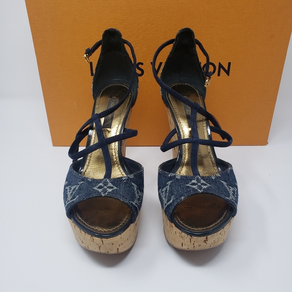 LOUIS VUITTON Monogram Denim Wedge Sandals, Size 35.5 - Picture 2 of 9